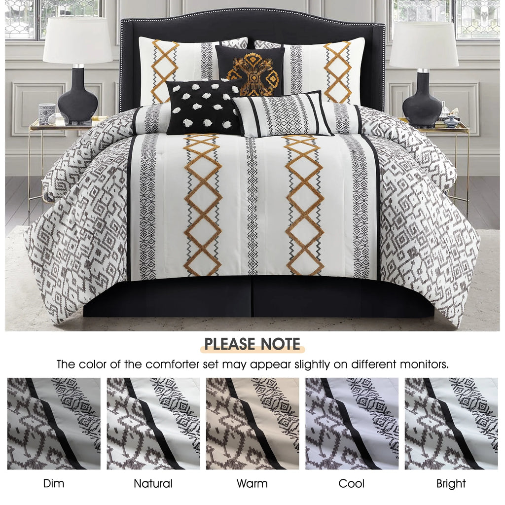 Lanco Luxury 7 Piece Cozy Boho Comforter Set Queen Beige Embroidered Girls Bedding, Premium Microfiber, All Season Home Décor