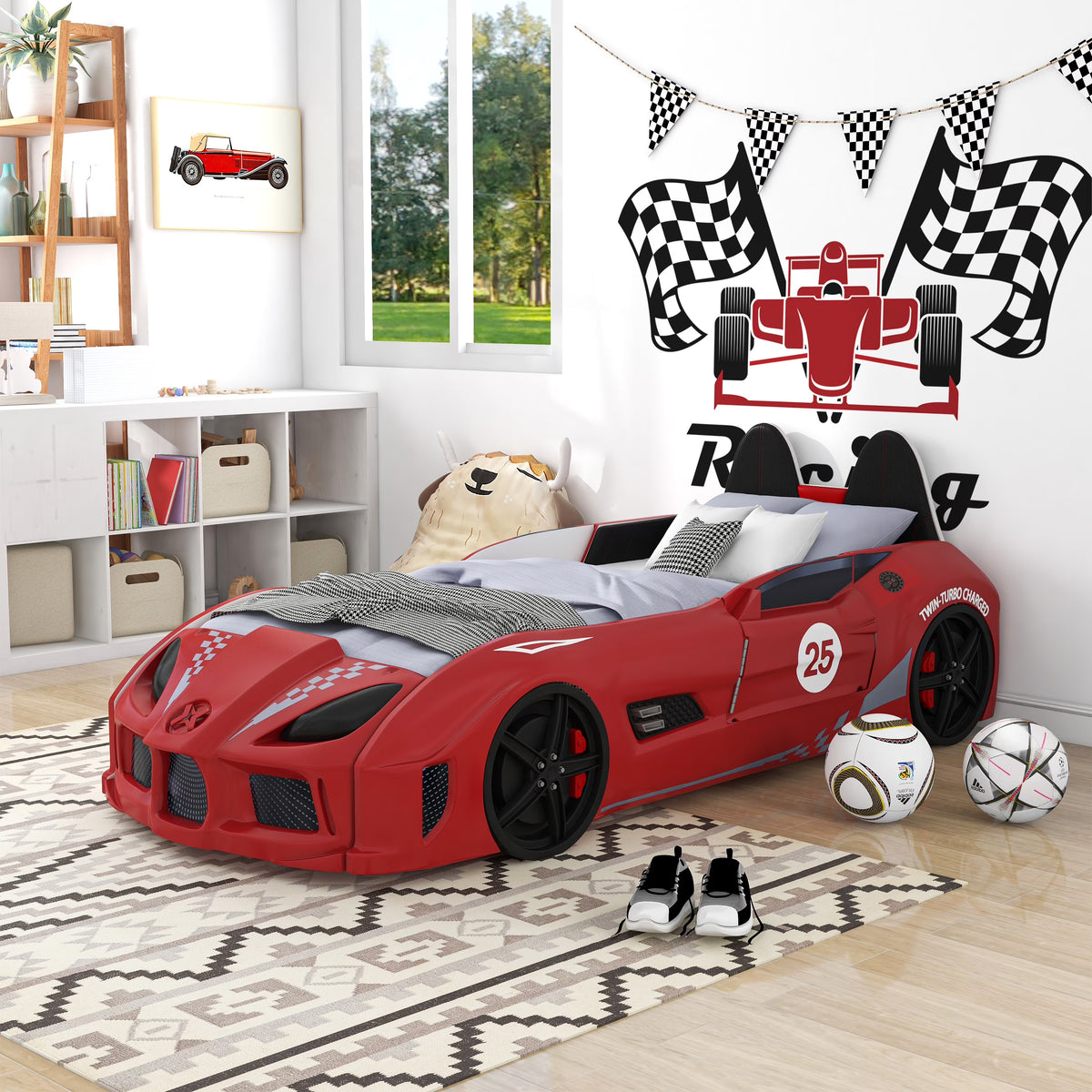 Furniture of America Dash Kids Plastic Twin Race Car Bed with LED and Sound, White