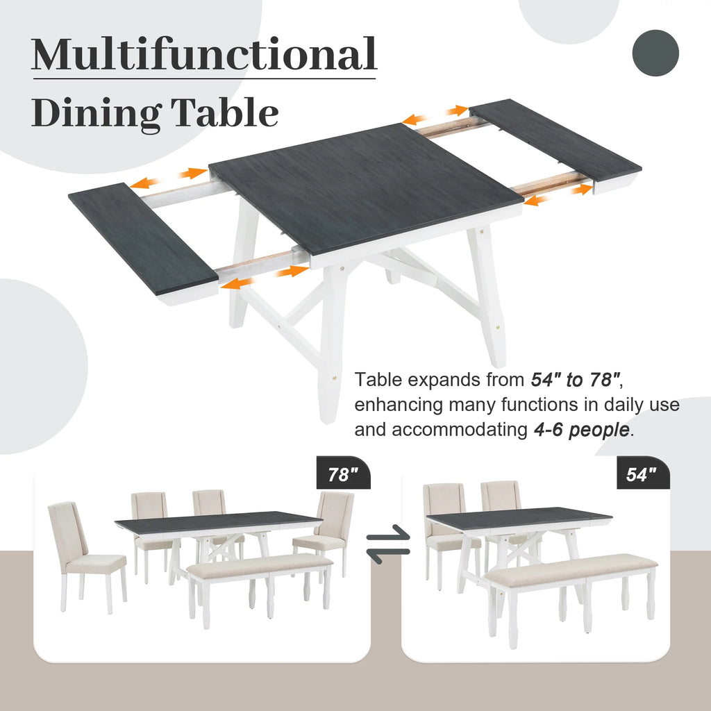 6 Piece Extendable Dining Table Set, Atumon Wood Dining Room Set for 6, Dining Table Set with 4 Beige Cushioned Chairs and Bench, Farmhouse Dining Table Set Furniture for Kitchen Dining Room, Natural