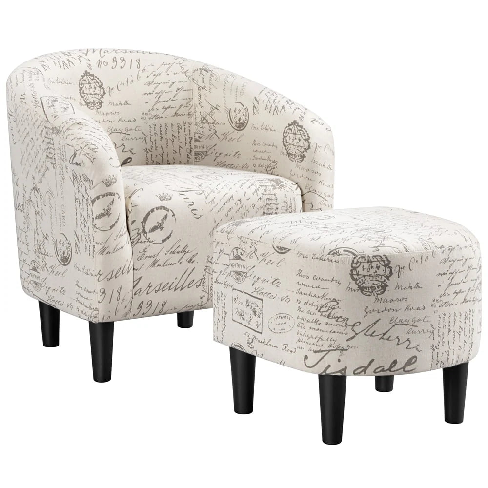 Easyfashion Barrel Accent Chair with Ottoman, Brown Faux Leather