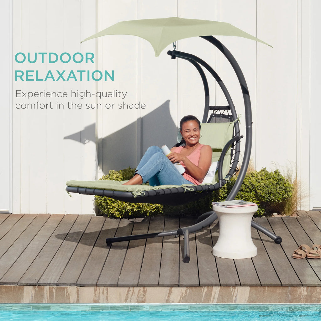 Best Choice Products Hanging Curved Chaise Lounge Chair Swing for Backyard, Patio w/ Pillow, Shade, Stand - Teal