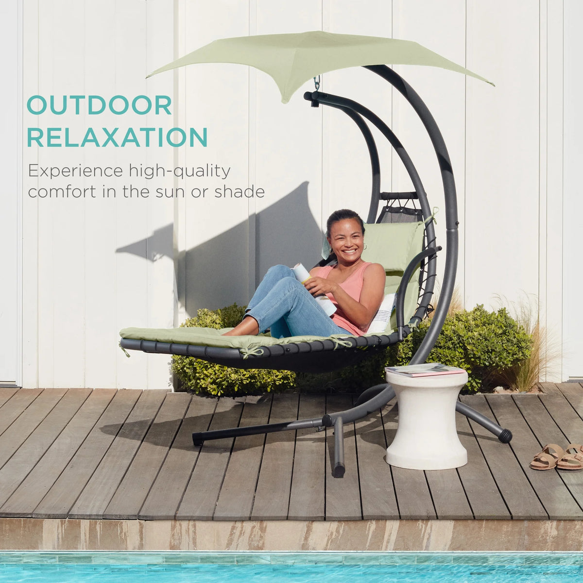 Best Choice Products Hanging Curved Chaise Lounge Chair Swing for Backyard, Patio w/ Pillow, Shade, Stand - Teal