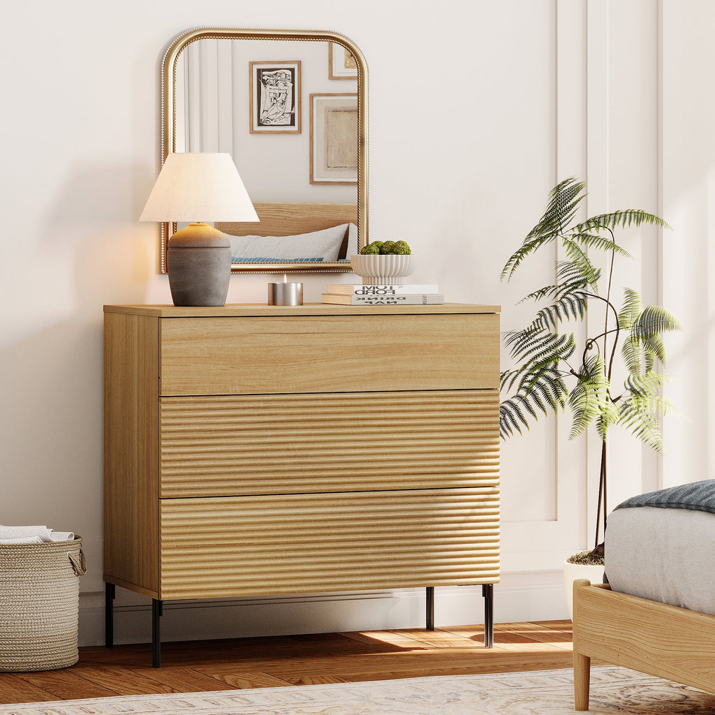 Modern Minimalist Wood Nightstand with 3 Drawers ,31.5" Large End Table,Reeded Design Bedside Table for Bedroom, Living Room,Entryway