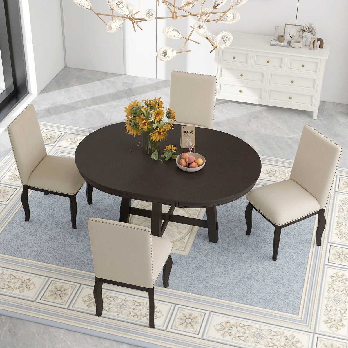 Sumdeal 5-Piece Farmhouse Dining Table Set, Wood Round Extendable Dining Table and 4 Upholstered Dining Chairs (Espresso-1Table 4 Chairs)