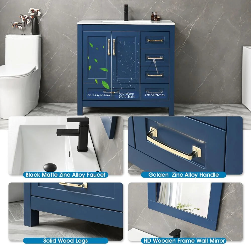 Eclife 36" White Bathroom Vanity Set with Ceramic Sink Top and Water Saving Faucet Drain