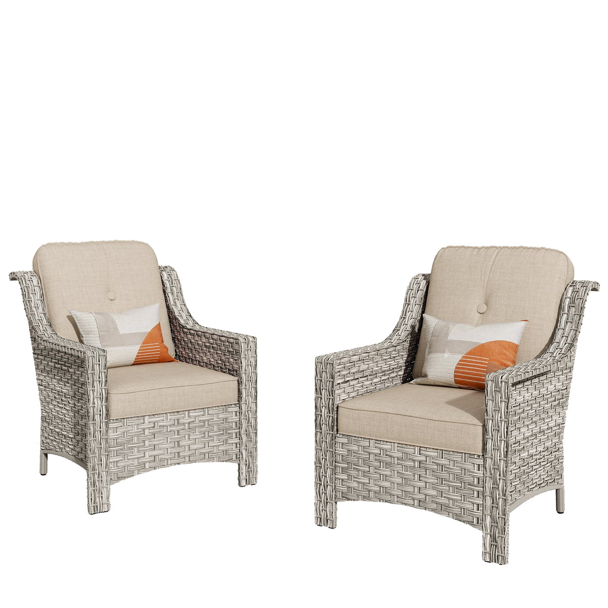 Ovios Backyard Single Chairs Set 2 Metal Wicker Rattan with Cushion, Beige Grey / Beige