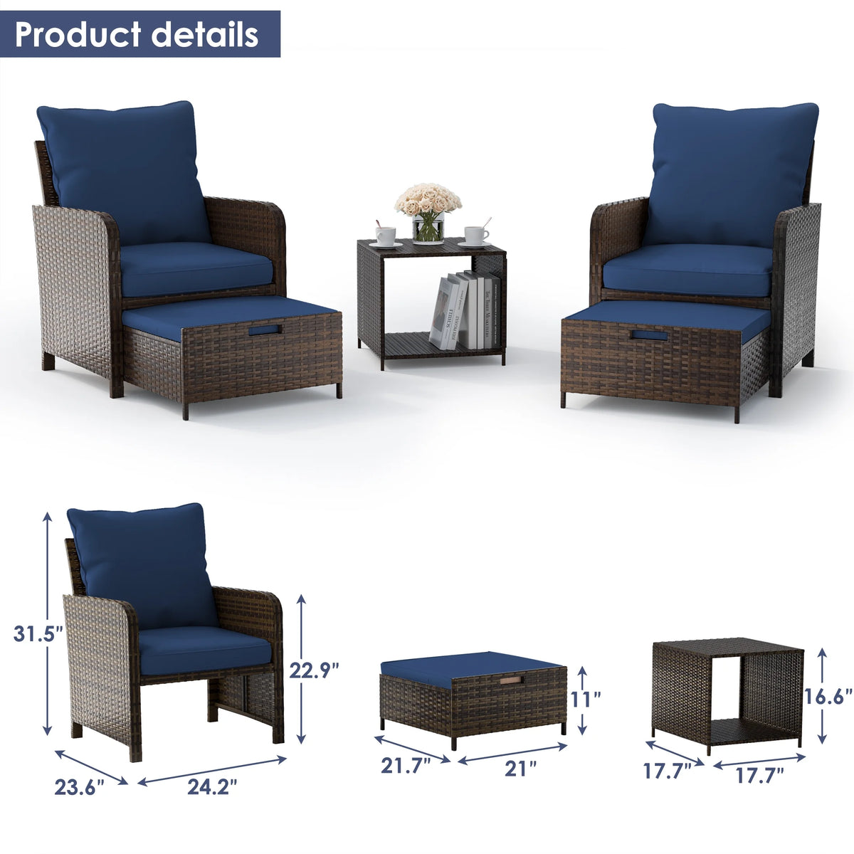 UDPATIO Balcony Furniture 5 Piece Patio Furniture Set, Outdoor Patio Chair , Dark Grey