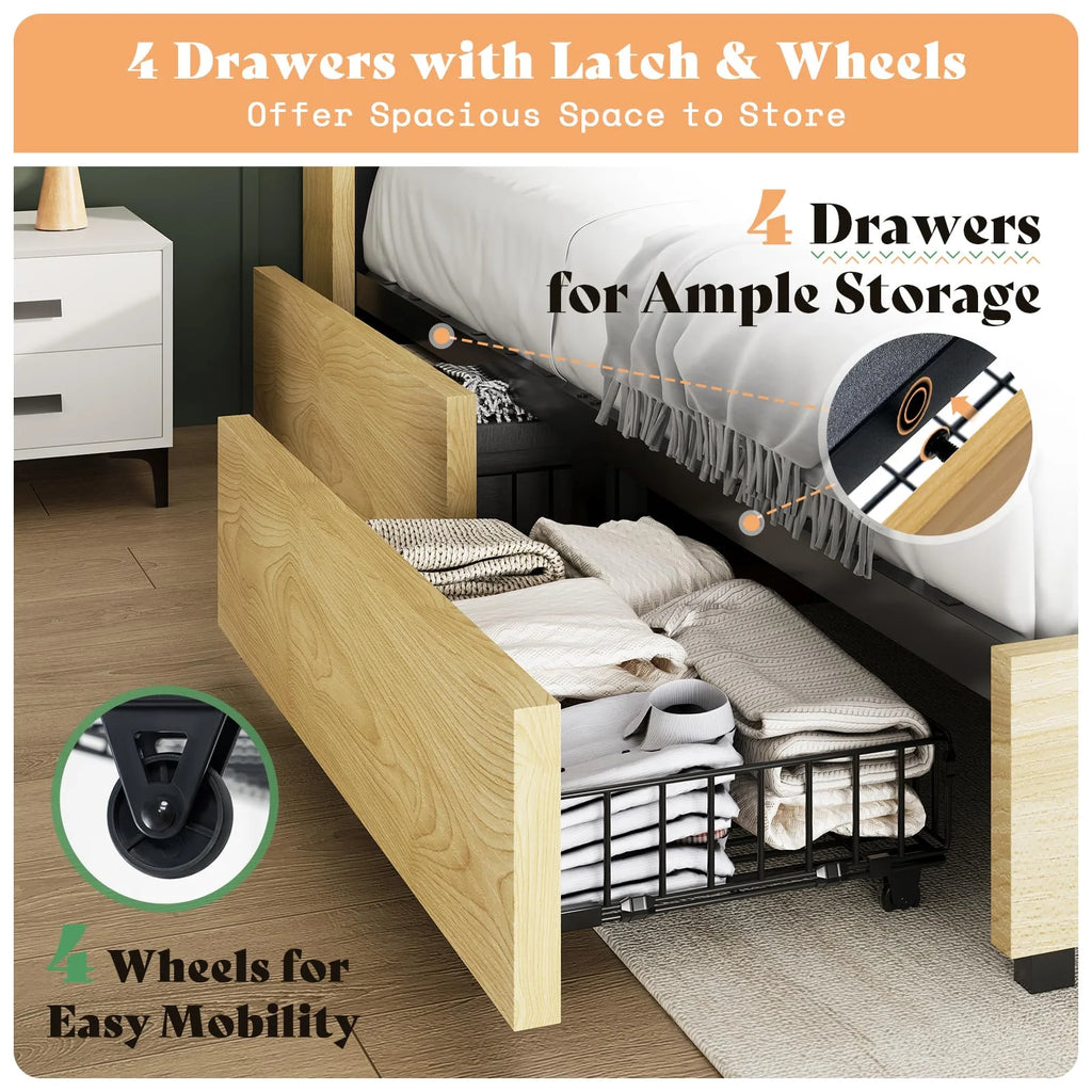 PLAUIN King Size Bed Frame with Storage Drawers, 47.2" Headboard and Wooden Platform, Grey
