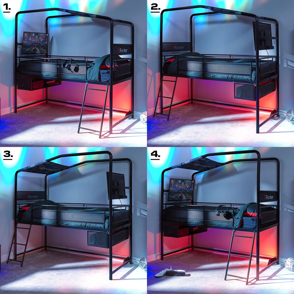 X Rocker Contra Mid-Sleeper Gaming Bed with TV Mount, Black, Twin, Children, Teen, 74.88 H