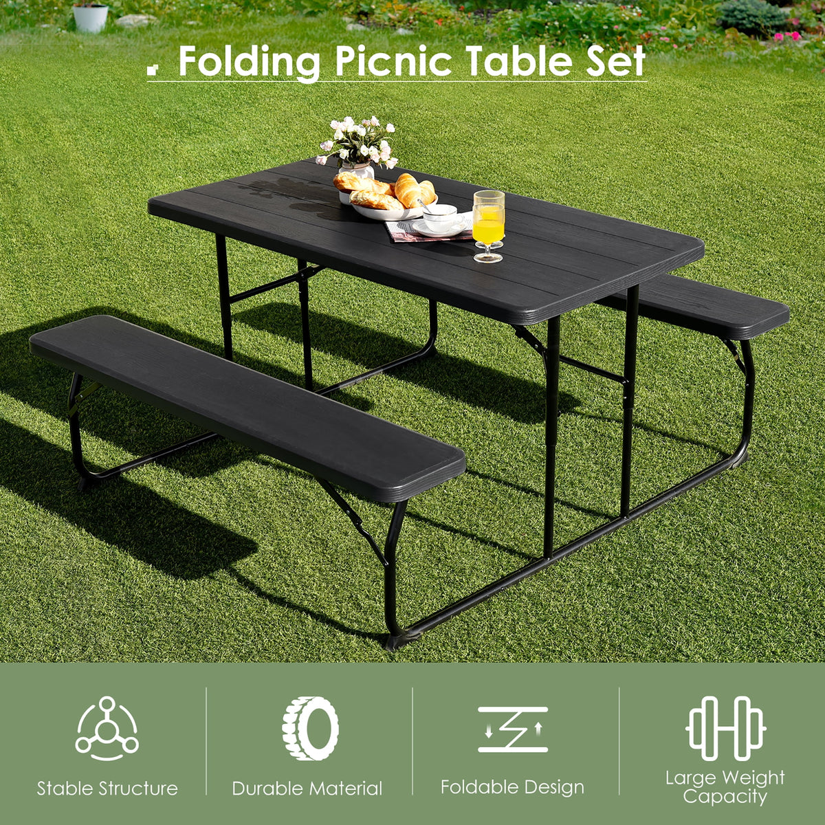 Costway Indoor & Outdoor Folding Picnic Table Bench Set w/ Wood-like Texture Grey
