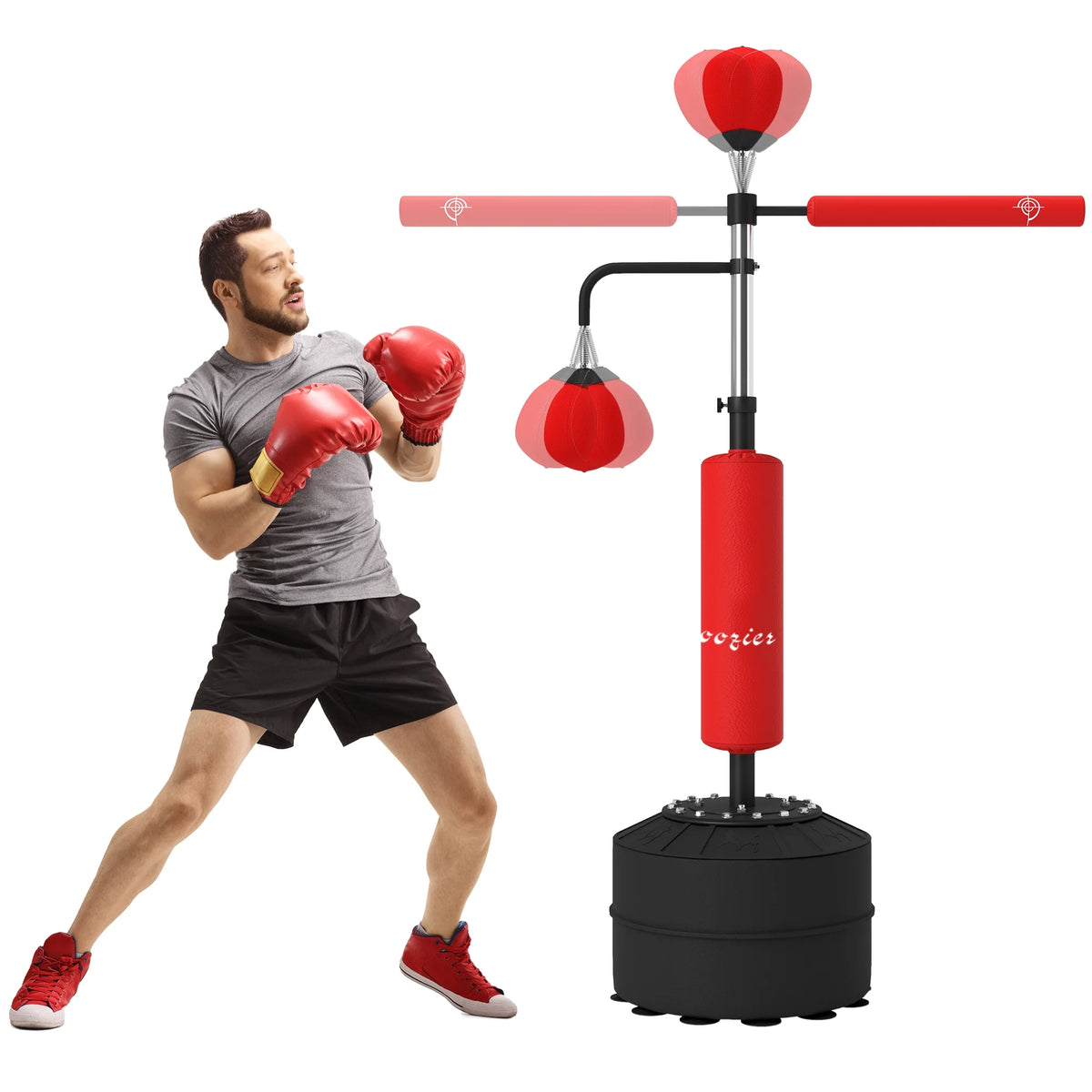 Soozier 4-in-1 Boxing Punching Bag Stand with 2 Speedballs, 360° Relax Bar, & PU-Wrapped Bag & Adjustable Height, Black
