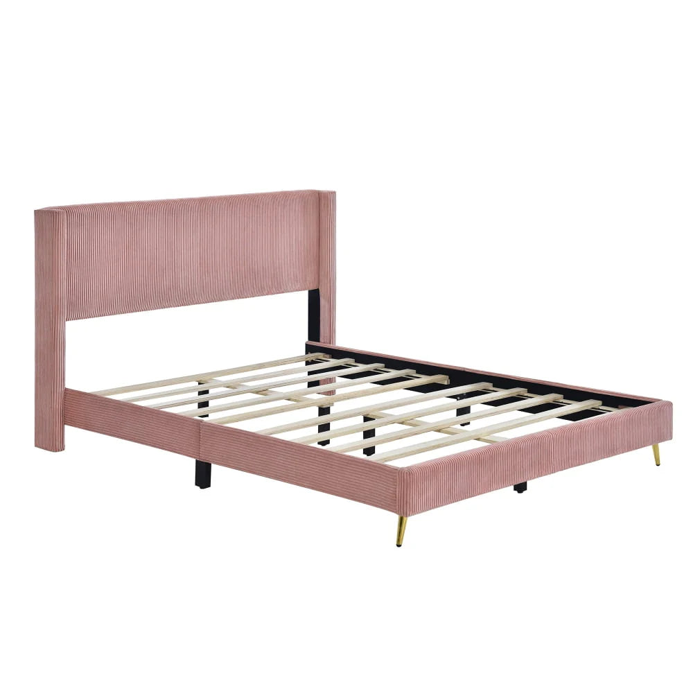 Queen Size Corduroy Platform Bed with Wingback Headboard,Wood Corduroy Platform Bed with Metal Legs and Slats Support,Upholstered Bed Frame for Kids Adult Bedroom,No Box Spring Needed,Pink