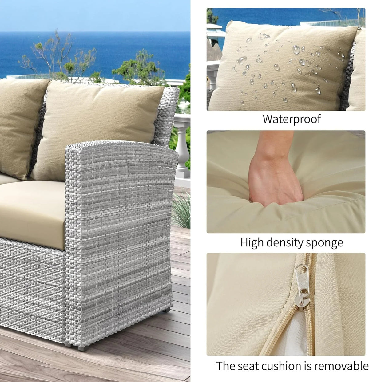 HighSound 4 Piece Patio Furniture Set, Outdoor Wicker Patio Sectional Sofa, All Weather PE Rattan Outdoor Sectional with Cushions & Coffee Table, Dark Gray