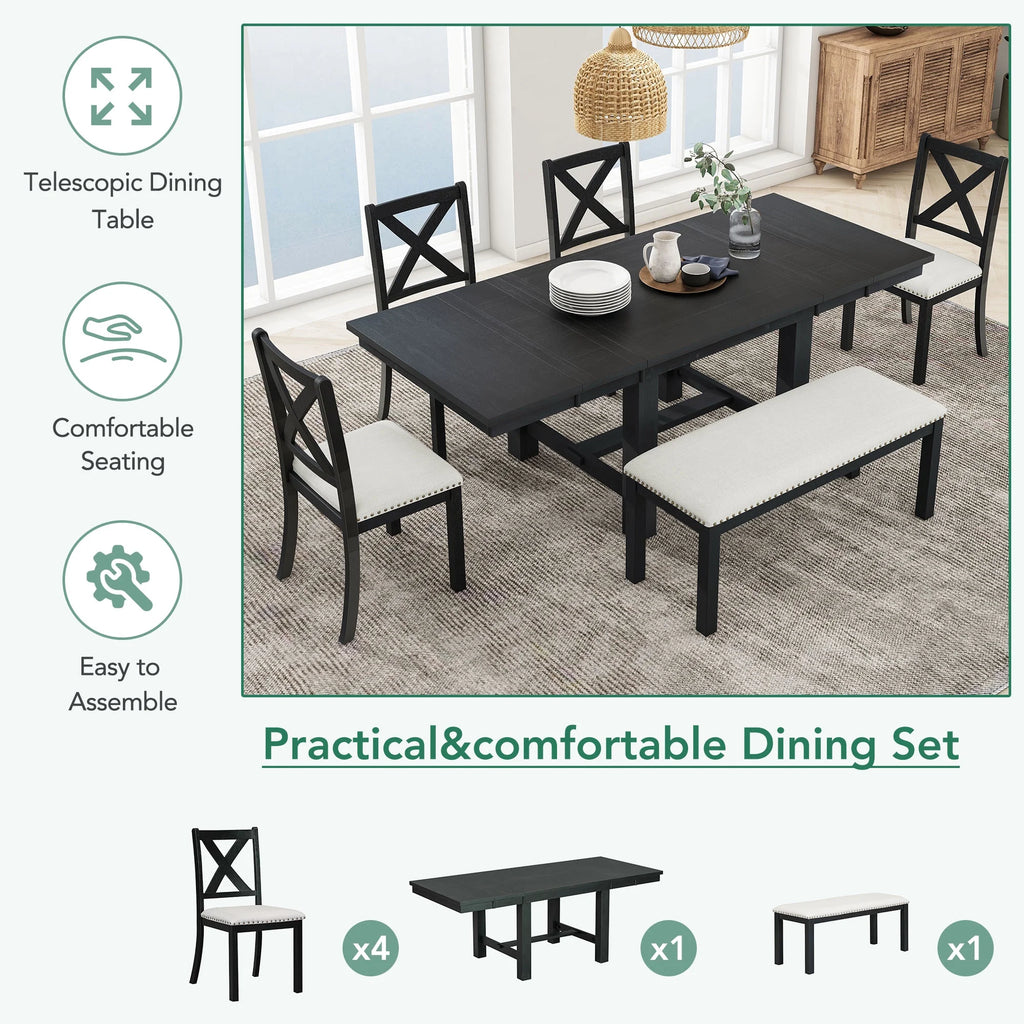 6 Piece Extendable Dining Table Set, Atumon Wood Dining Room Set for 6, Dining Table Set with 4 Beige Cushioned Chairs and Bench, Farmhouse Dining Table Set Furniture for Kitchen Dining Room, Natural