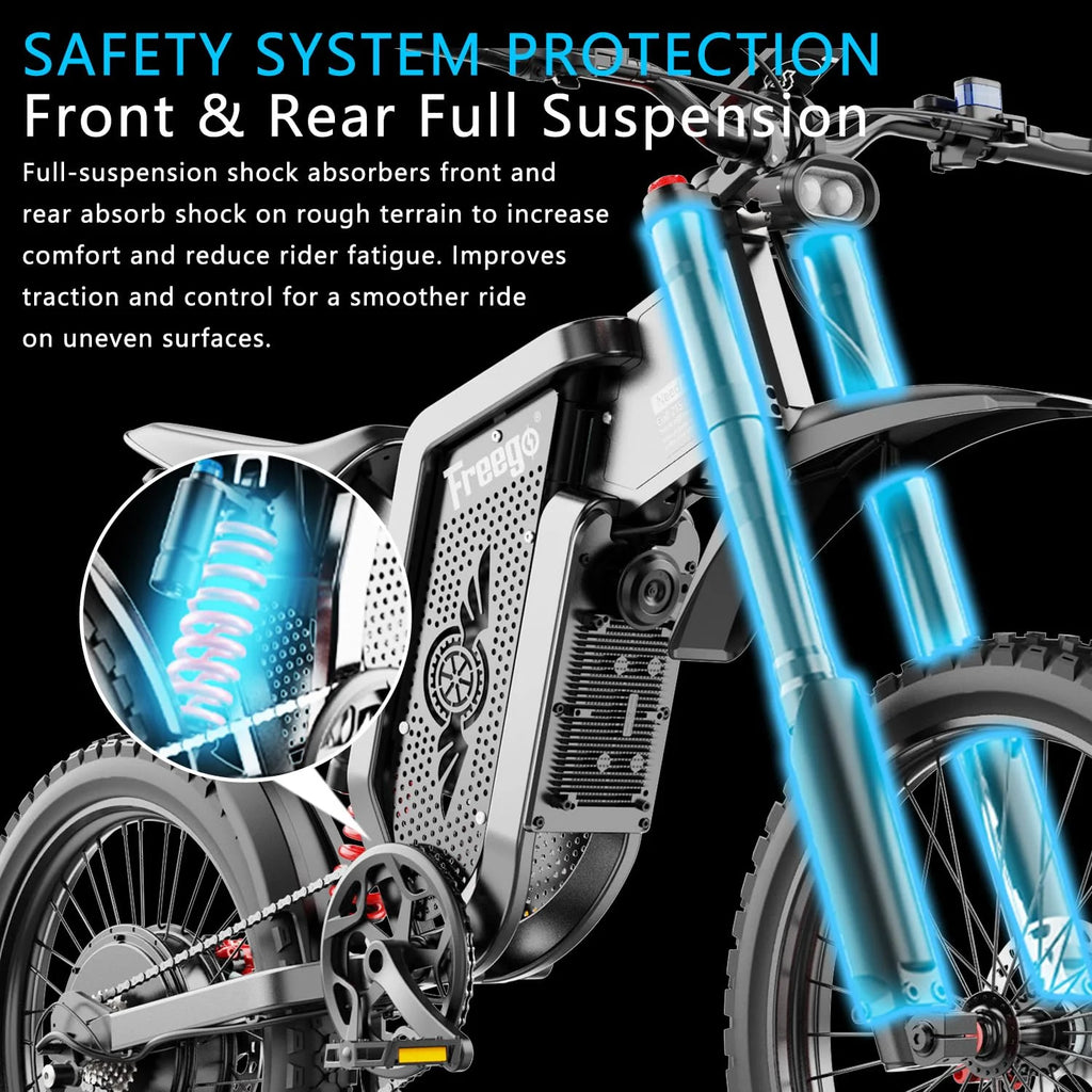 50MPH Electric Dirt Bicycle Freego X2 Pro,6000W(Peak)Motor Electric Motorcycle, Electric Bike for Adults, 60V30AH Battery, 19x2 Tire Full Suspension Hydraulic Brake Half Throttle UL2849