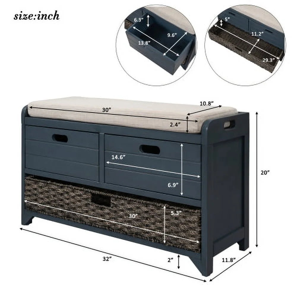 Solid Wood Storage Bench, Narrow Entryway Bench with 2 Drawers and Removable Basket, Classic Accent Shoe Bench with Storage and Removable Cushion for Hallway Living Room, Fully Assembled, Navy