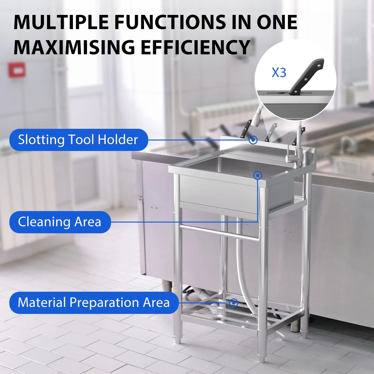 Garvee Utility Sink,24"Dx20"Wx41"H,Stainless Steel Sink with Hot & Cold Hoses,Storage Shelve,Faucet for Kitchen,Laundry Room,Backyard,Garage