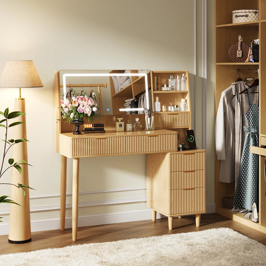 UGTOO 45.2" Modern Vanity Desk with LED Mirror & USB Charging, Wood Makeup Dressing Table with 7 Drawers for Bedroom