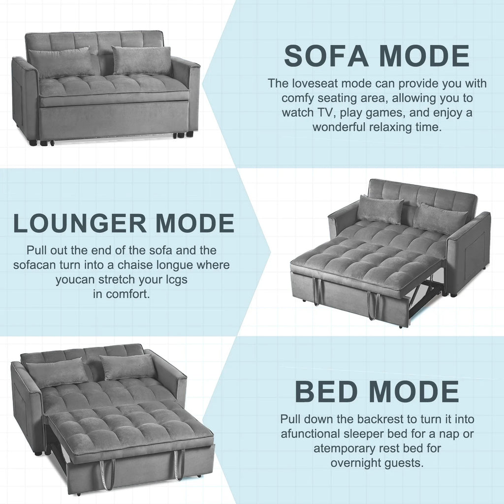BINBANK Black Velvet 3-in-1 Convertible Sleeper Sofa Bed a?? USB Charging, Adjustable Backrest Pull-Out Futon Loveseat Couch for Living Room, Apartment & Small Space