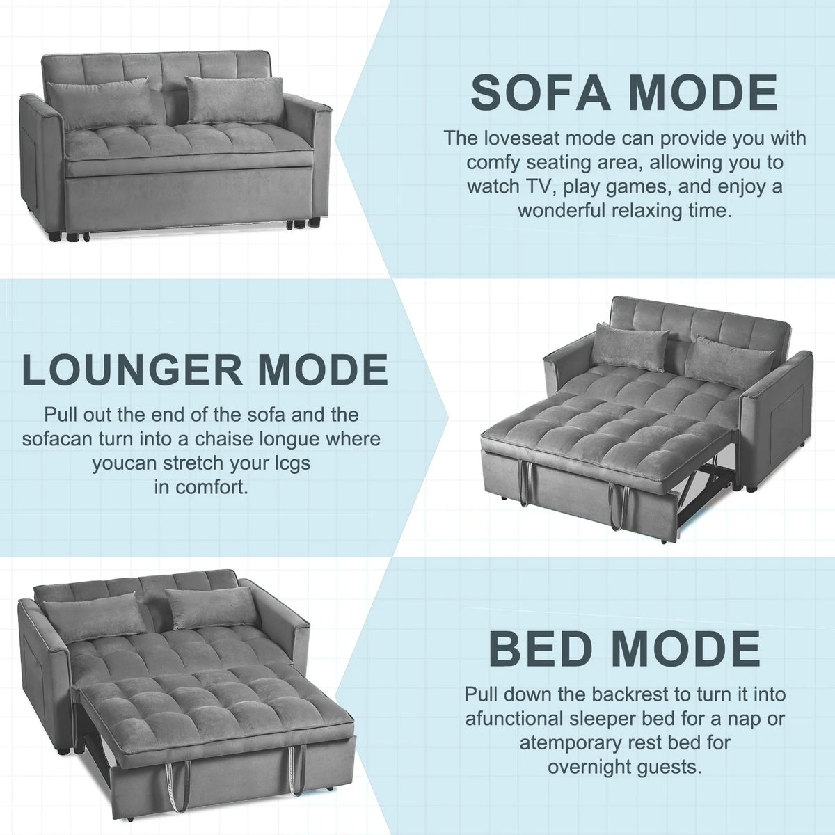 BINBANK Black Velvet 3-in-1 Convertible Sleeper Sofa Bed a?? USB Charging, Adjustable Backrest Pull-Out Futon Loveseat Couch for Living Room, Apartment & Small Space