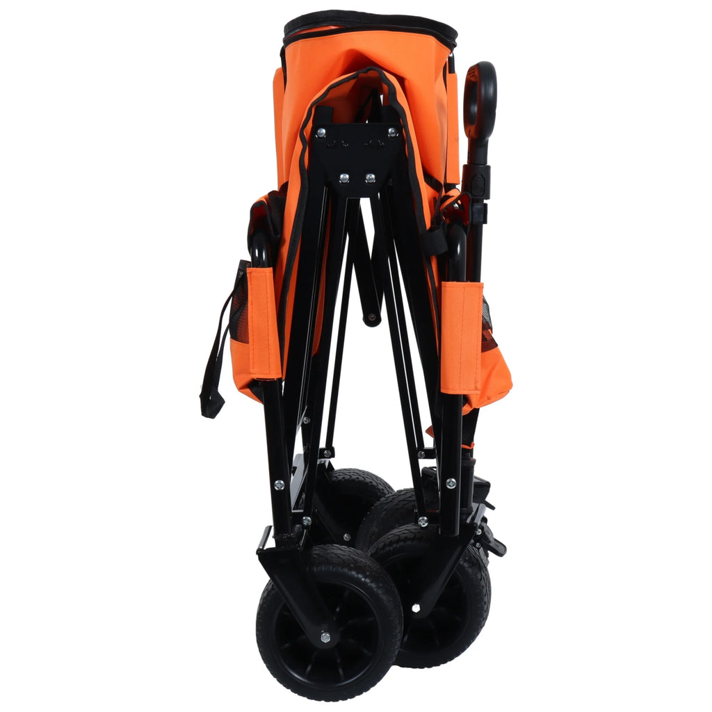 3-in-1 Collapsible Wagon Cart with Bench Seat, 500lbs Convertible Heavy Duty Utility Wagon with Flexible Handle, All-Terrain Folding Grocery Cart with Wheels for Shopping, Camping, Orange
