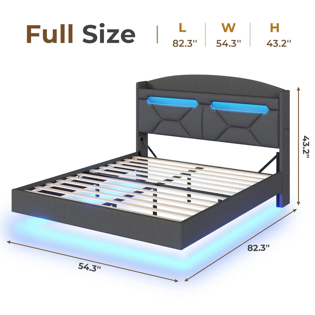 King Size Bed Frame with Storage Headboard and LED Lights,Upholstered Platform Bed with USB Port Charging,Headboard with Shelves Hidden Storage,Noise-Free,Dark Grey