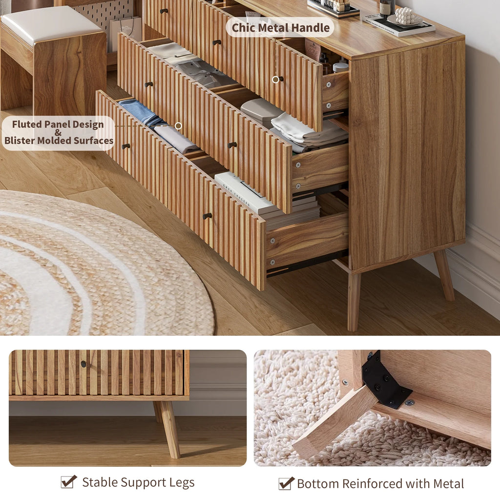 Oubayajia 7 Drawer Double Dresser, Fluted Chest of Drawers, Wood Storage Cabinet for Bedroom, Living Room, Hallway, Walnut