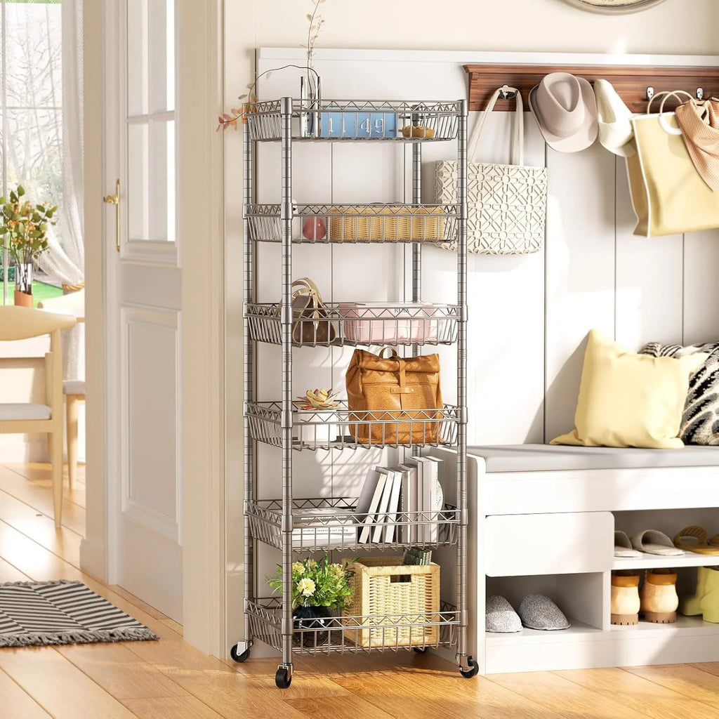 6 Tier Wire Shelving Unit with Wheels Baskets Storage Rack Corner Shelves Adjustable Shelf Closet Bathroom Organizers Metal Pantry Kitchen Garage Laundry Room 13.5" D x 13.5" W x 63" H White