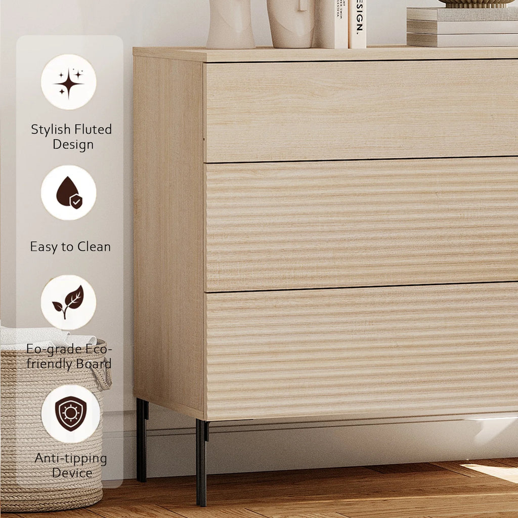 Modern Minimalist Wood Nightstand with 3 Drawers ,31.5" Large End Table,Reeded Design Bedside Table for Bedroom, Living Room,Entryway