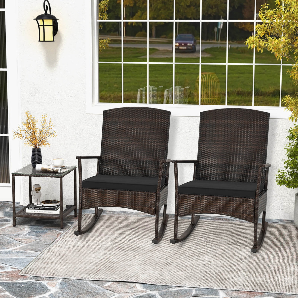 Costway Serenity 3 Piece Patio Rocking Wicker Rockers with White Cushions 2 Tier Coffee Table