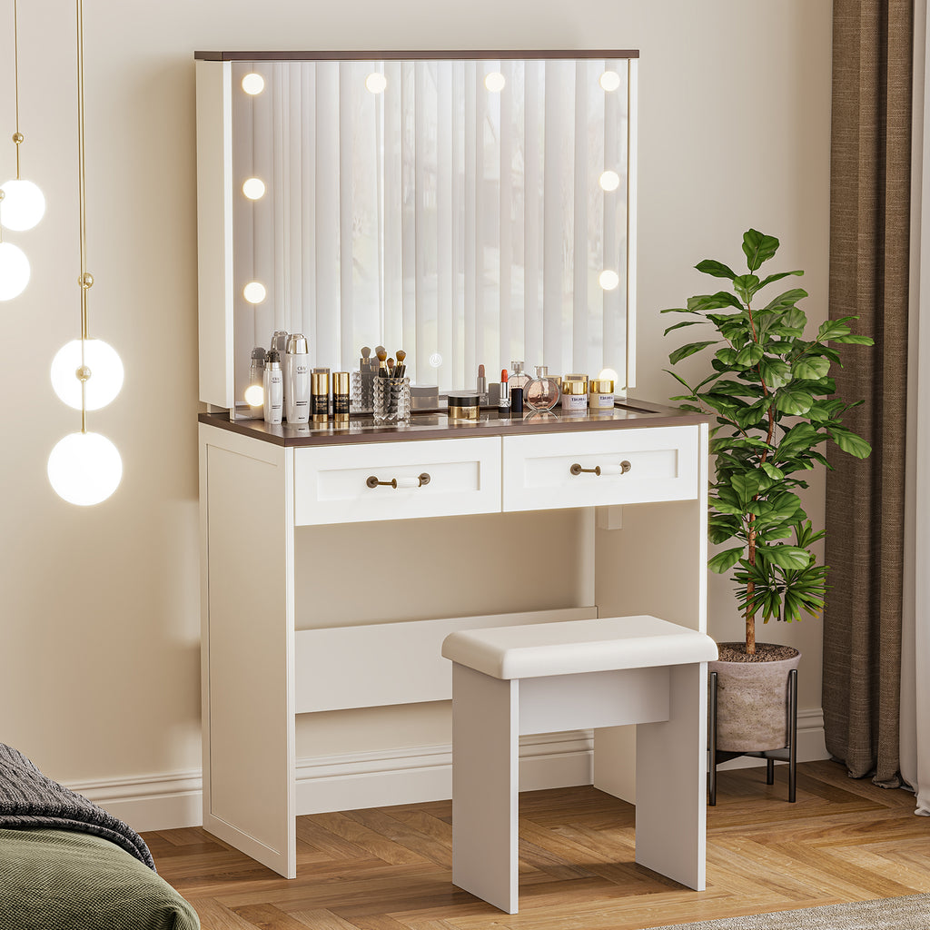Vanity Desk with Chair, White Makeup Desk Set with Mirror & LED Lights, Vanity Table with Power Strip, 2 Drawers, 4 Shelves