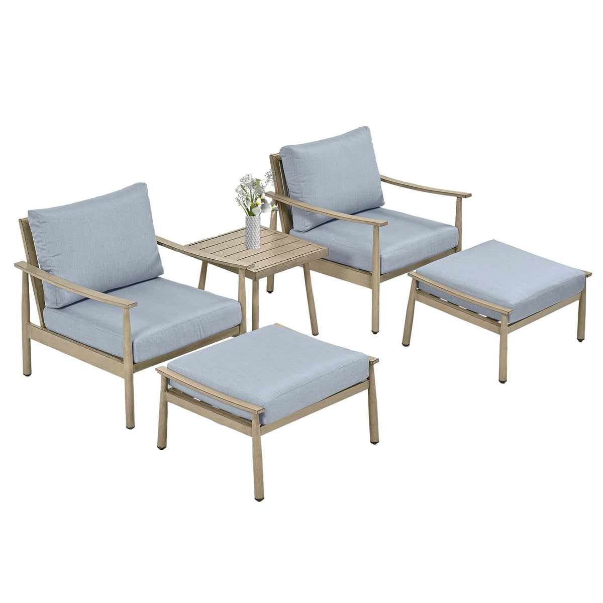 HAPPATIO Aluminum Outdoor Furniture Set - 5 Pieces Patio Furniture Set Includes 1 Side Table, 2 Swivel Chairs and 2 Ottomans with Thick Cushion, Patio Conversation Set for Backyard Poolside (Grey)