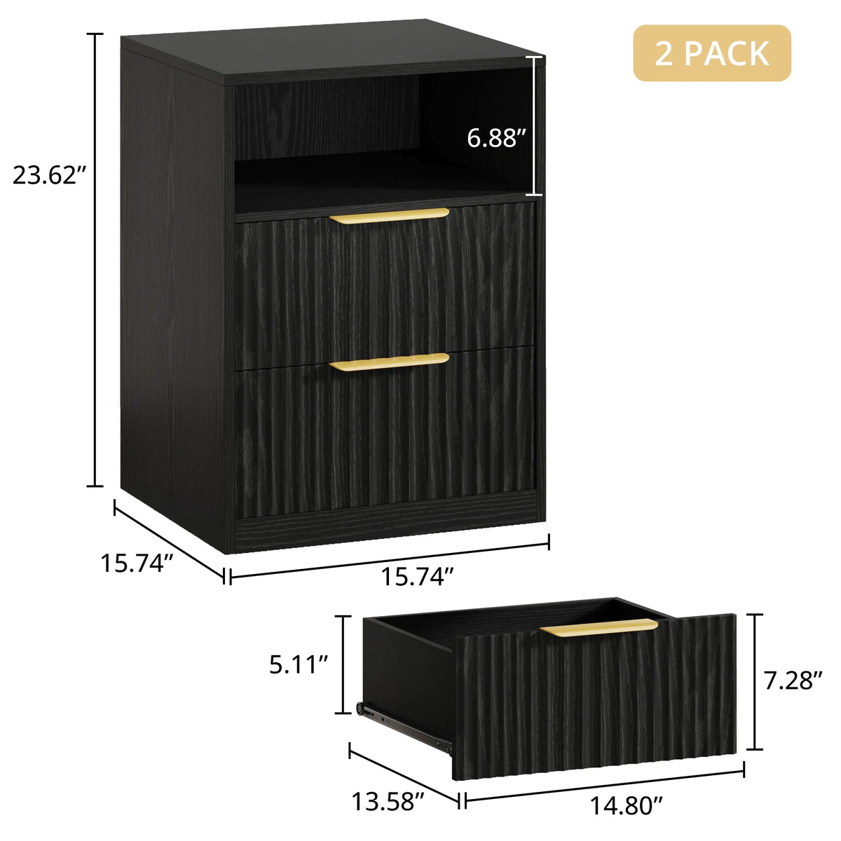 LIKIMIO Nightstand Set of 2, Fluted Bedside Table with Drawer Storage, Modern End Table Bedside Stand for Bedroom Living Room Office, Black