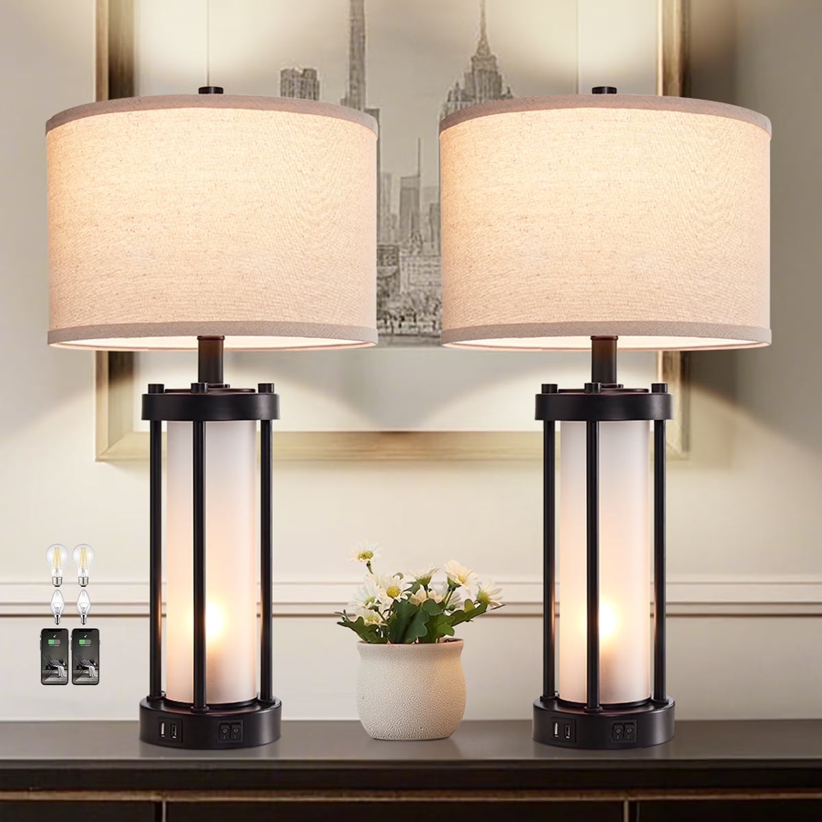 RORIA 24a?? Modern Living Room Table Lamp 2-Piece Set with 2 USB Charging Ports, Built-in White Frosted Glass with Night Light, Black Vintage Rustic Farmhouse Lamp for Bedroom Nightstand Lamps