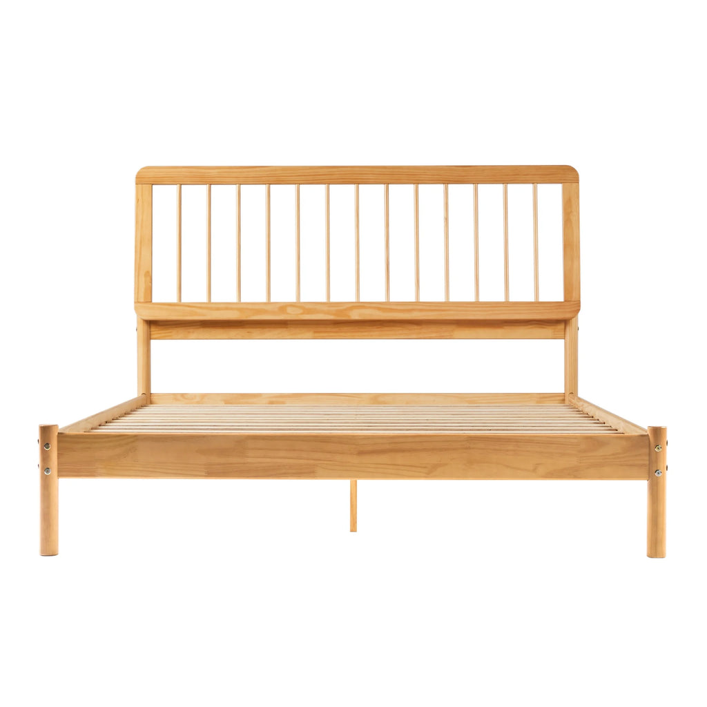 Walker Edison Mid-Century Modern Slatted Solid Wood Queen Bedframe, Natural Pine