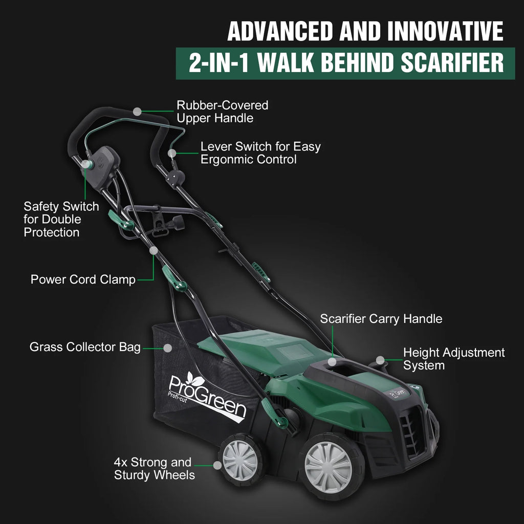 2-in-1 16" Walk Behind Electric Dethatcher Scarifier 15 Amp with Large 58QT Removable Collection Bag for Lawn Yard Garden Care