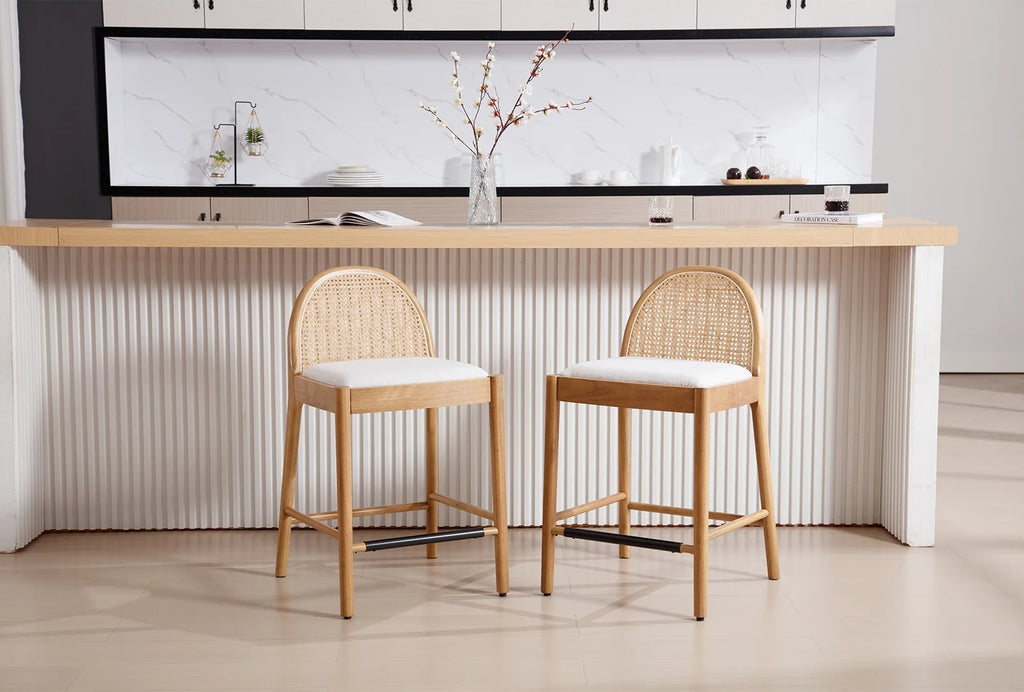 Guyou Modern Bar Stools Set of 2, 26" Counter Height Bar Stools with Natural Rattan Back and Solid Wood Frame, Sherpa Upholstered Kitchen Island Chairs for Bar Island Cafe Kitchen, Black