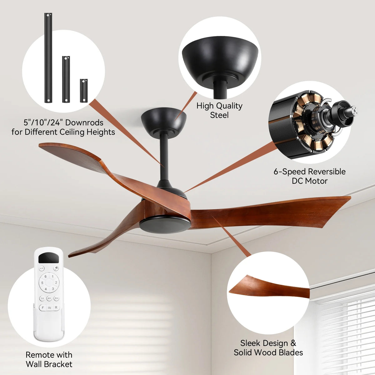 Sofucor 52" Wood Ceiling Fan No Light, 6 Wind Speeds, 3 Blades with Reverse Airflow, Black