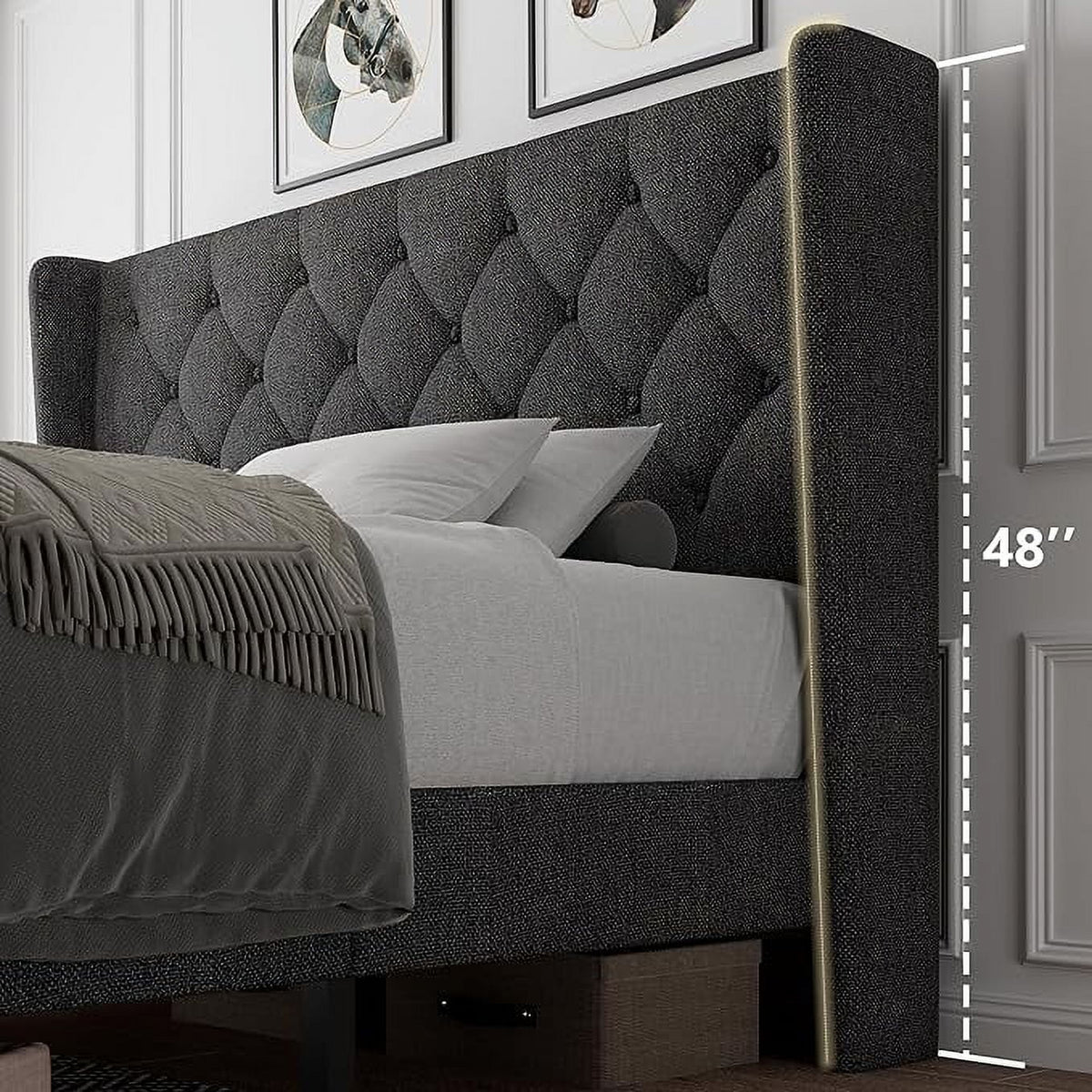 iPormis Full Size Bed Frame with Diamond Button Tufted Wingback Headboard, Upholstered Platform Bed Frame with Strong Wood Slat Support, No Box Spring Needed,Black