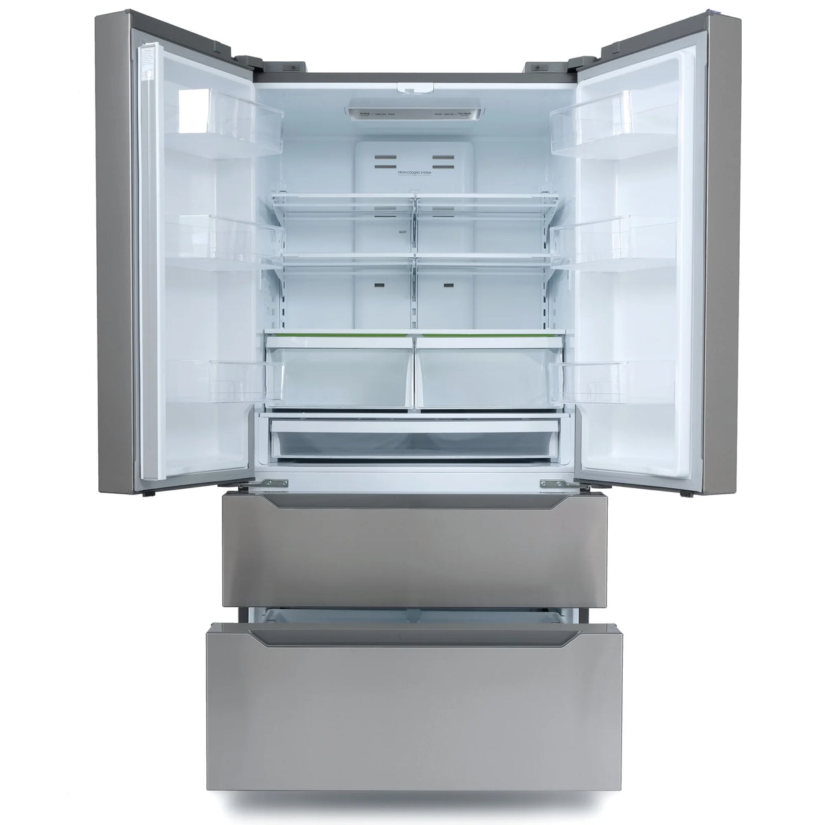 Cosmo 4 Piece Kitchen Appliance Packages with 36" Freestanding 220/240V Dual Fuel Range 36" Island Range Hood 24" Built-in Integrated Dishwasher & French Door Refrigerator Kitchen Appliance Bundles