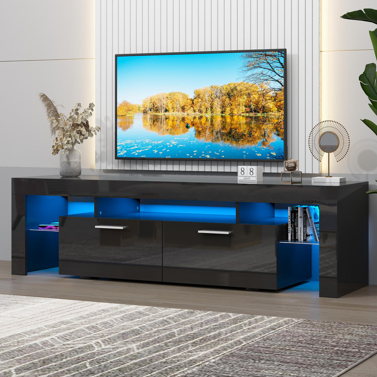 UHOMEPRO TV Stand for TV up to 70", Living Room Entertainment Center with RGB LED Lights and Storage Shelves Furniture, White High Gloss TV Cabinet Console Table
