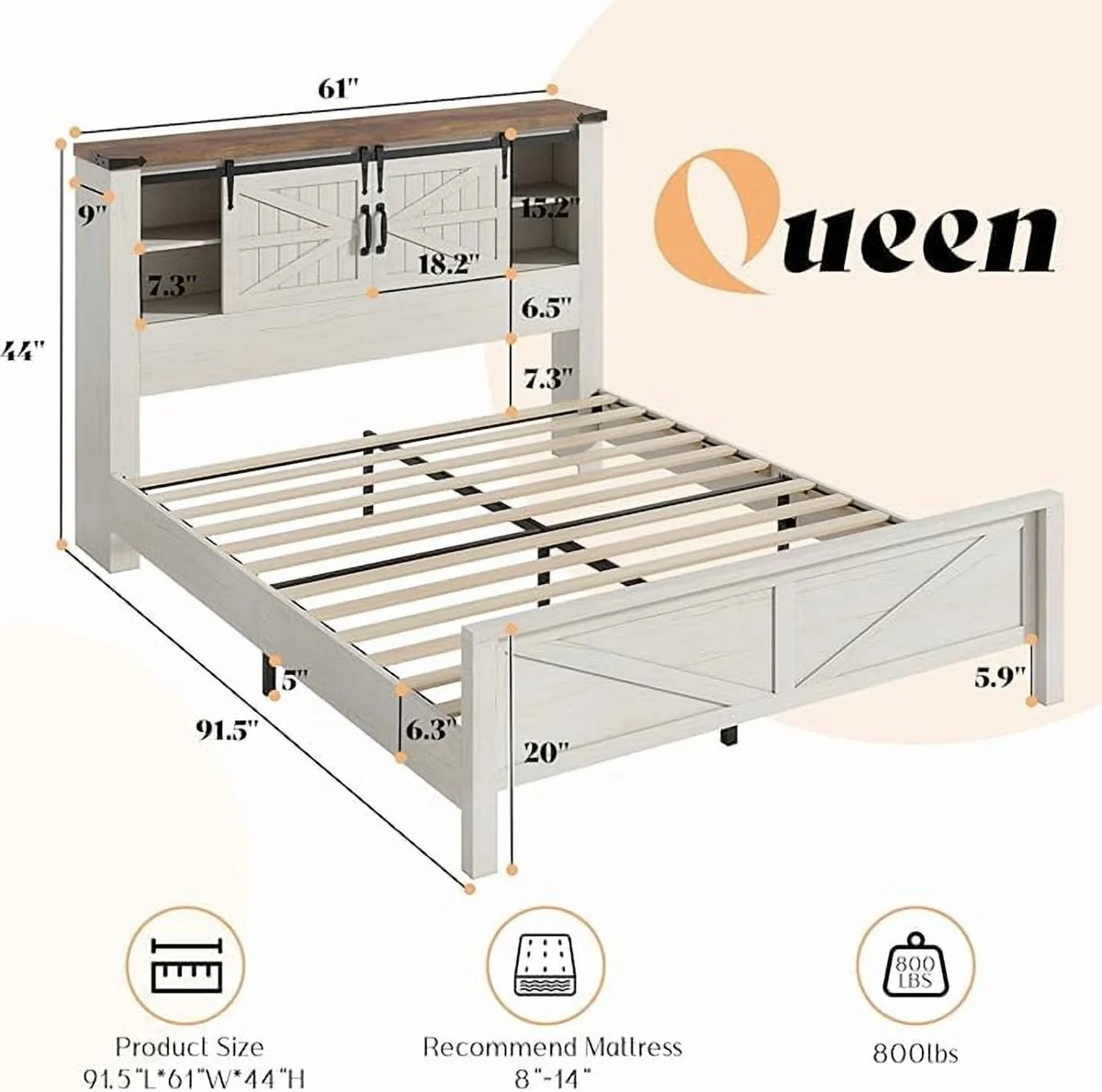 Merluxy Farmhouse Full Bed Frame with Storage Bookcase & Charging Station, Bedroom Furniture, Grey