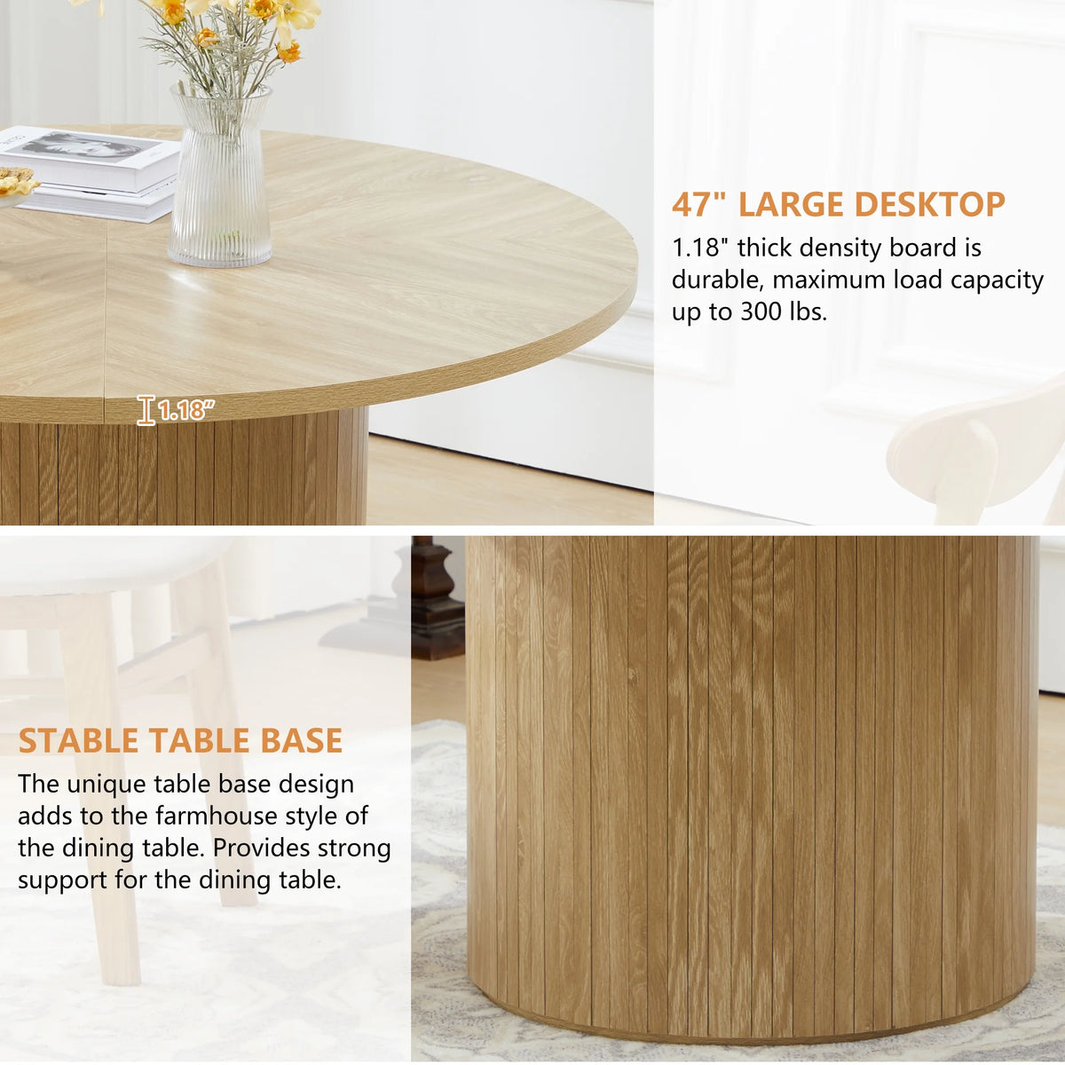 Wirrytor Round Dining Table, Modern Farmhouse Kitchen Table, 47 Inch Coffee Circle Dining Tables with Wood Strip Base for Kitchen Living Room, Black