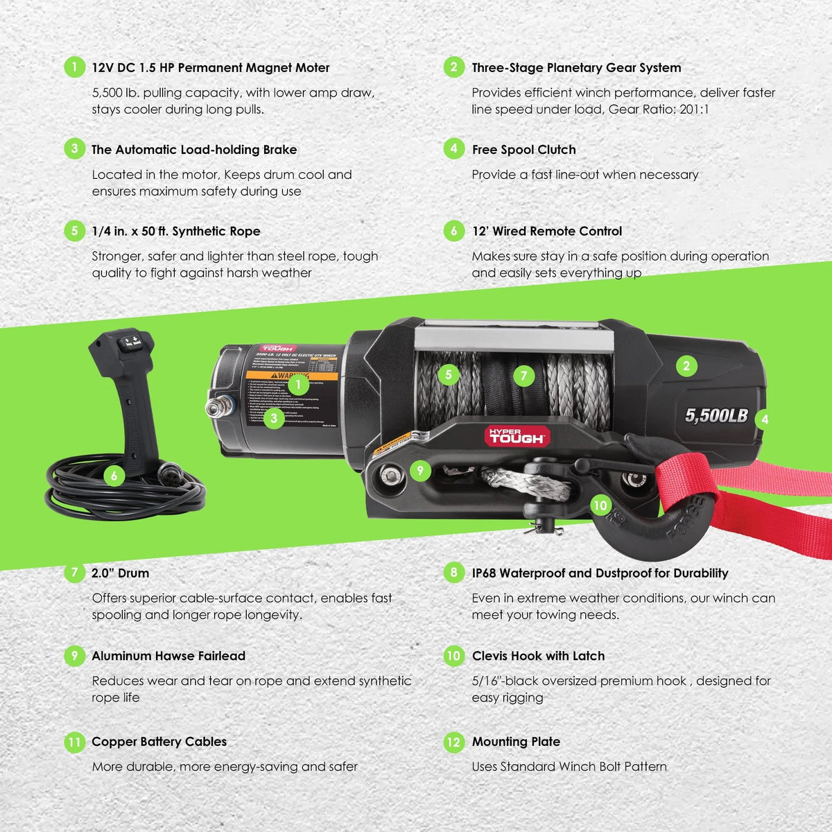 Hyper Tough 5500 lb 12V DC Electric UTV Winch with 50ft. Synthetic Rope and Mounting Bracket