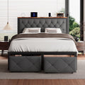iPormis Full Bed Frame with 2 Drawers, Metal Platform Bed with Charging Station and Linen Fabric Storage Headboard Strong Metal Slats Black,Gray
