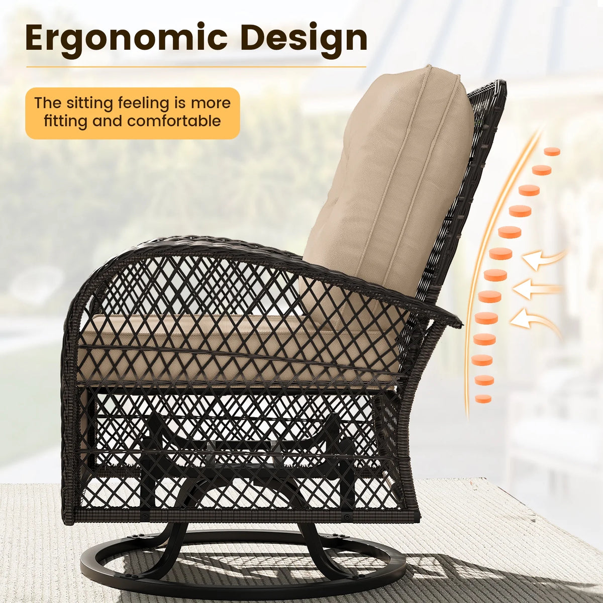 ELPOSUN 3 Pieces Patio Furniture Set, Outdoor Swivel Gliders Rocker, Wicker Patio Bistro Set with Rattan Rocking Chair, Glass Top Side Table and Thickened Cushions for Porch Deck Backyard