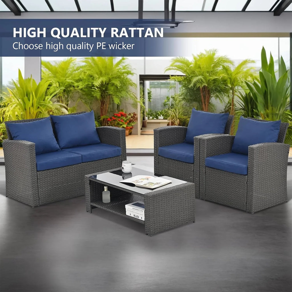 HighSound 4 Piece Patio Furniture Set, Outdoor Wicker Patio Sectional Sofa, All Weather PE Rattan Outdoor Sectional with Cushions & Coffee Table, Dark Gray