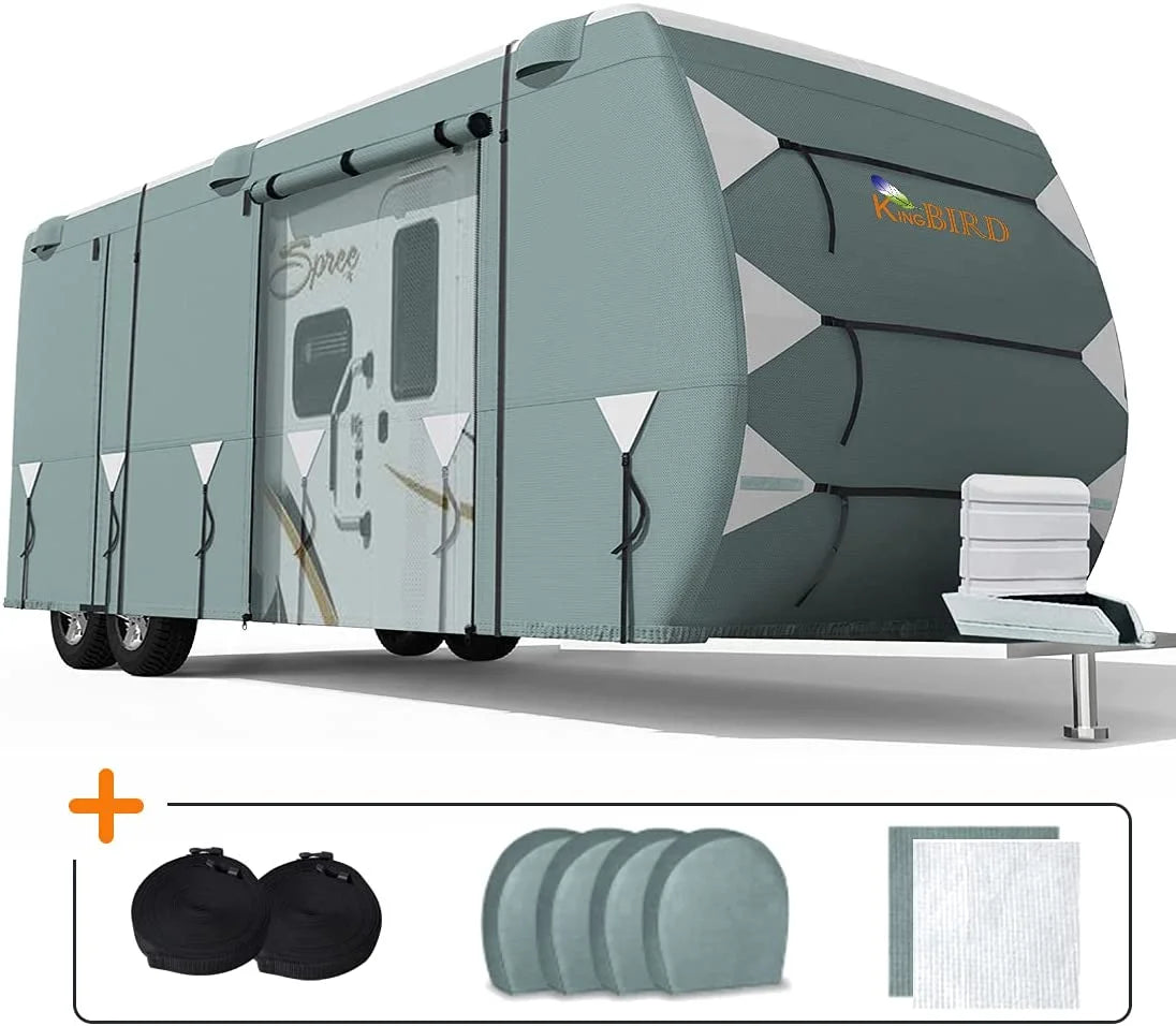 KING BIRD Upgraded Travel Trailer RV Cover, Extra-Thick 5 Layers Anti-UV Top Panel, Deluxe Camper Cover, Fits 27'- 30' RV Cover -Breathable, Water-Repellent, Rip-stop with 2Pcs Straps & 4 Tire Covers