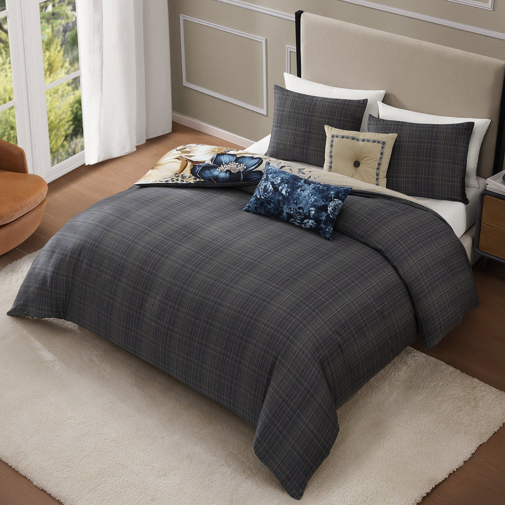 Bebejan English Manor 5 Piece Comforter Set, Queen, Blue, 220 Thread Count, 100% Cotton Sateen, Reversible