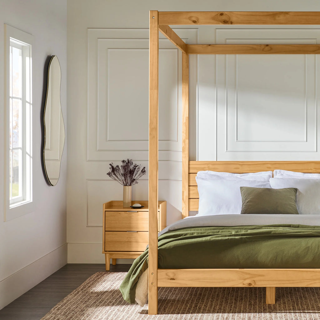Walker Edison Minimalist Slatted Wood Queen Canopy Bedframe, Natural Pine